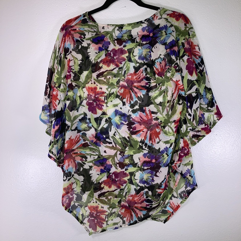 Cha Cha Vente Small Bright Floral Butterfly Sleeve Sheer Top - Picture 8 of 9